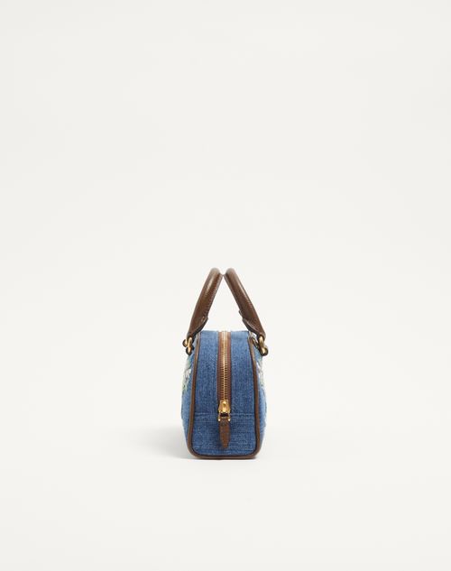 Valentino Garavani - Valentino Garavani Vlogo Signature Mini Top-handle Bag In Denim With Floral Embroidery - Denim - Woman - Top Handle Bags